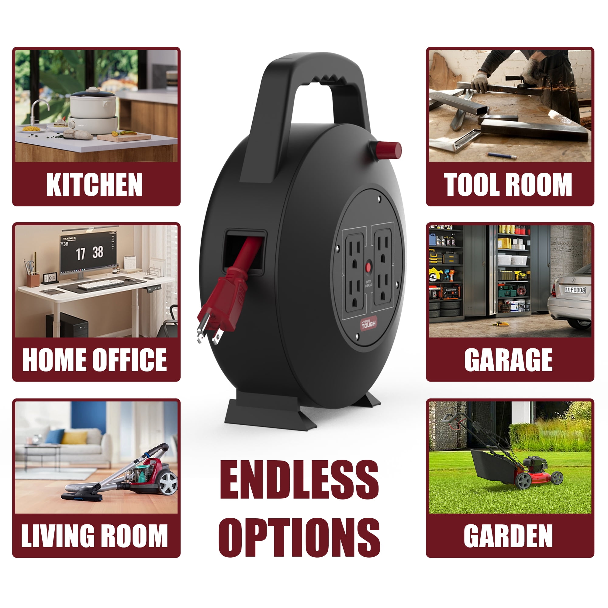 Hyper Tough Extension Cord Reel with 4 Outlets, 25 Foot, Black/Red, 1 Piece