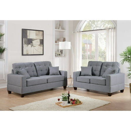 2pc Grey Sofa Set for Living Room - Polyfiber Tufted Loveseat & Couch