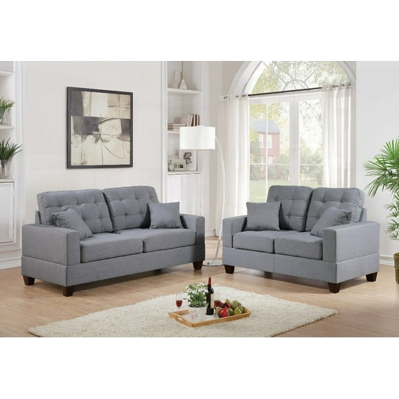 2pc Grey Sofa Set for Living Room - Polyfiber Tufted Loveseat & Couch