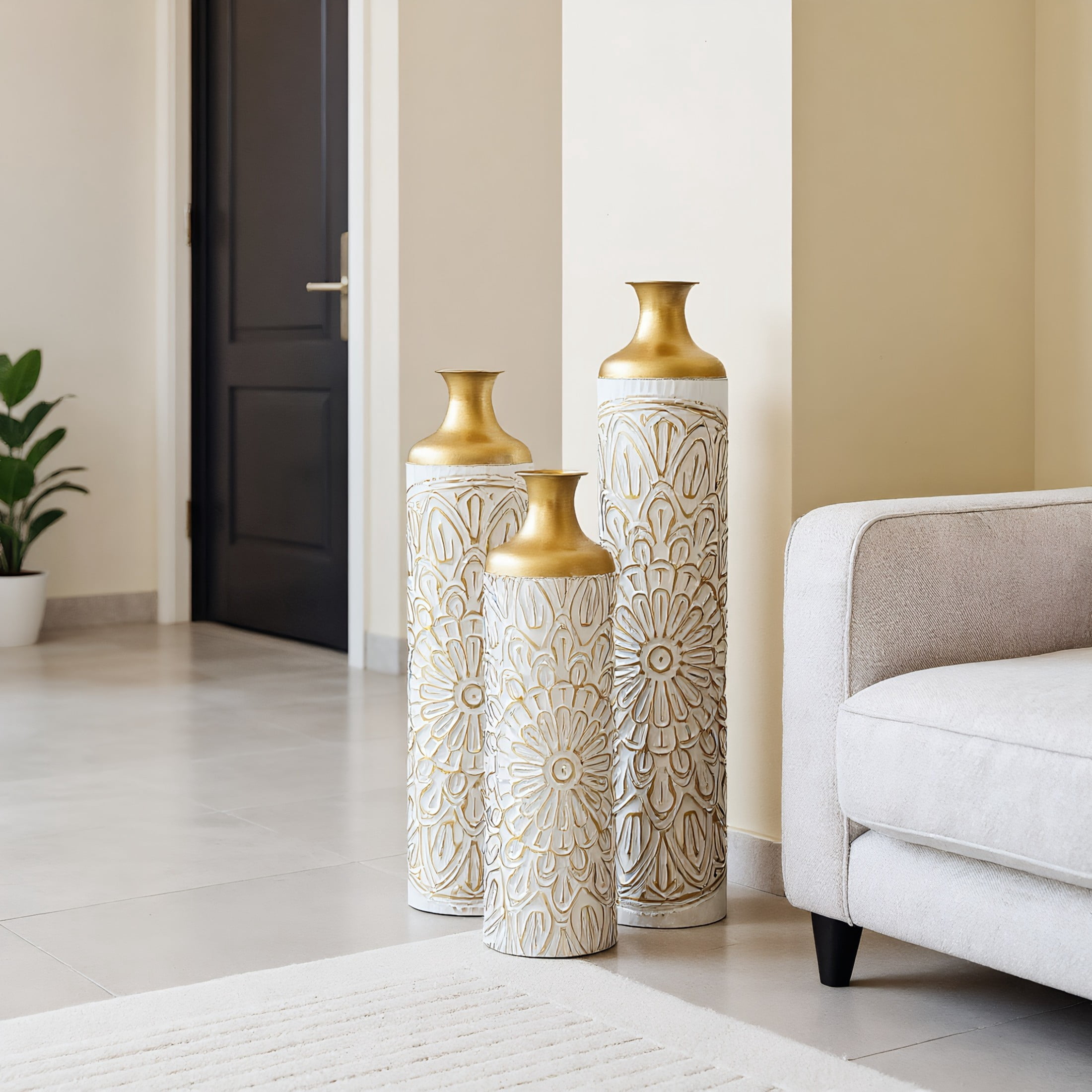 Noble House 3-Piece Modern Metal Floor Vase Set, Textured Decorative Vases, Gold and White