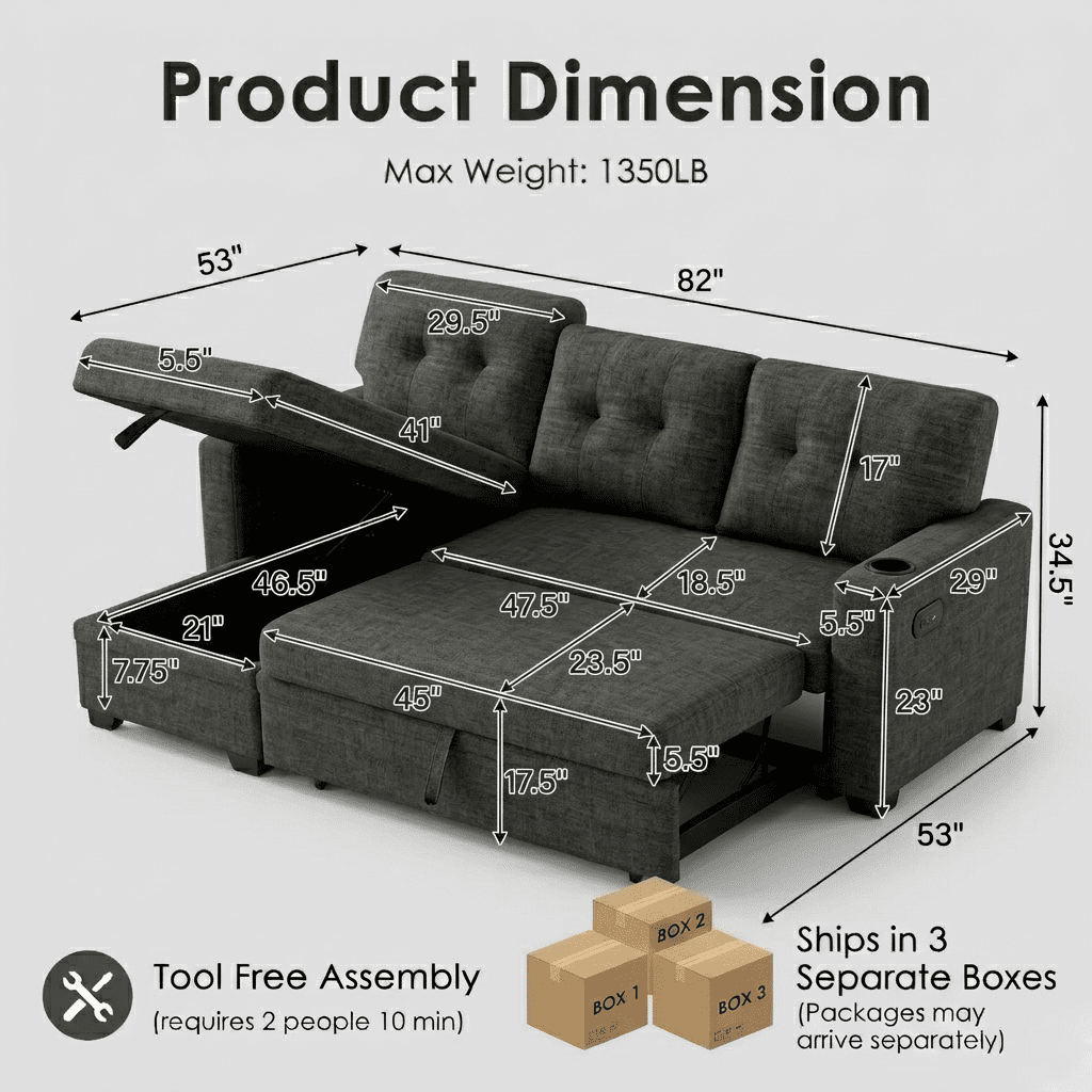 Howcool 82" Sectional Sofa Bed, L-Shaped Sleeper Pull Out Couch with Storage Chaise & USB Charging Ports, Linen Fabric for Small Apartment Living Room,Dark Grey(Thick Sponge)