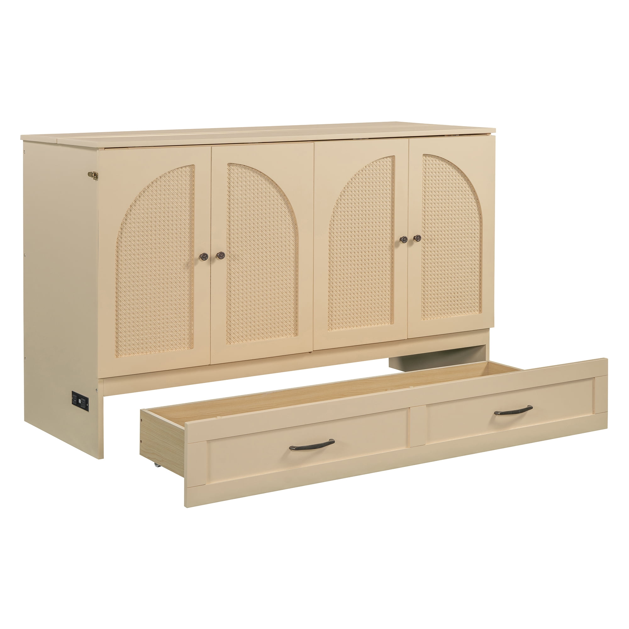 Harper & Bright Designs Rattan Queen Size Murphy Bed, Wooden Queen Murphy Bed Frame with Large Drawers, Folding Wall Chest Cabinet Bed for Guest Room, Gold