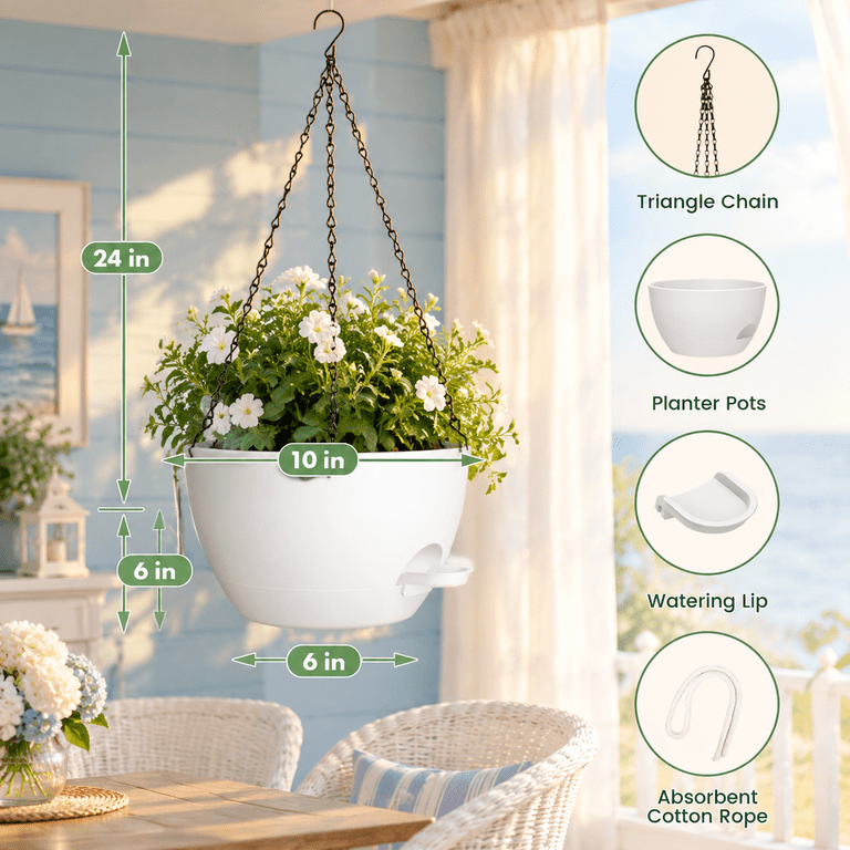 3 Pack White 10 Inch Hanging Self-Watering Plastic Planters for Indoor ...