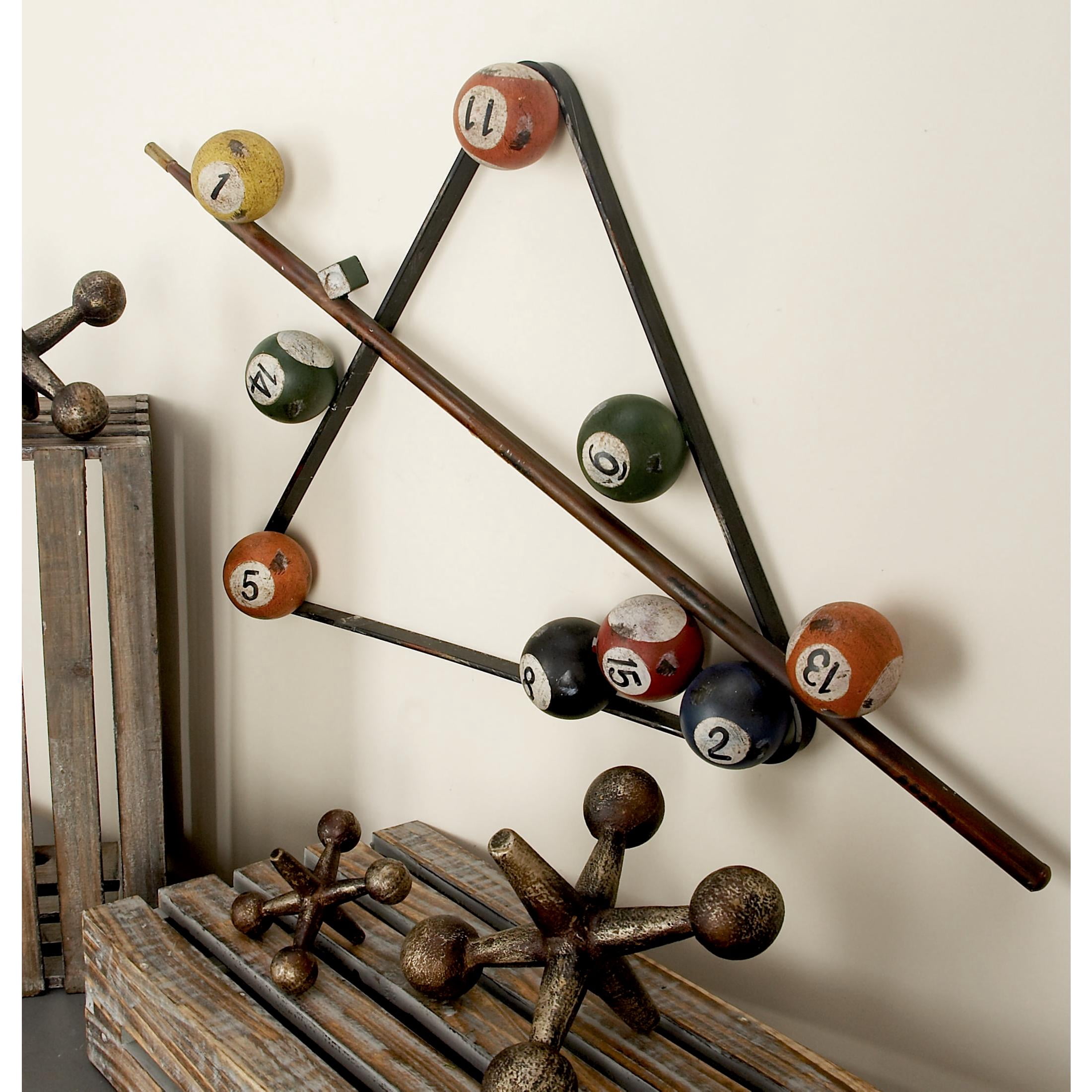 DecMode Eclectic Metal Multi Colored Billiard Set with Billiard Balls, Triangle Rack and Cue Stick Wall Décor, 30"W x 15"H