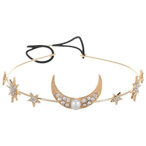 Tiara geométrica con perlas, diadema de luna, estrella y luna, accesorio elástico para el cabello para disfraz de diosa, ideal para festivales, Halloween, fiestas de cosplay
