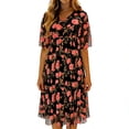 thumbnail image 1 of Vestido Impreso Plisado de Gasa con Cuello en V de las Mujeres, Casual de Manga Corta de Moda, Ligero Suave Y Fluido para Uso Diario, Fiestas, Vacaciones, 1 of 7
