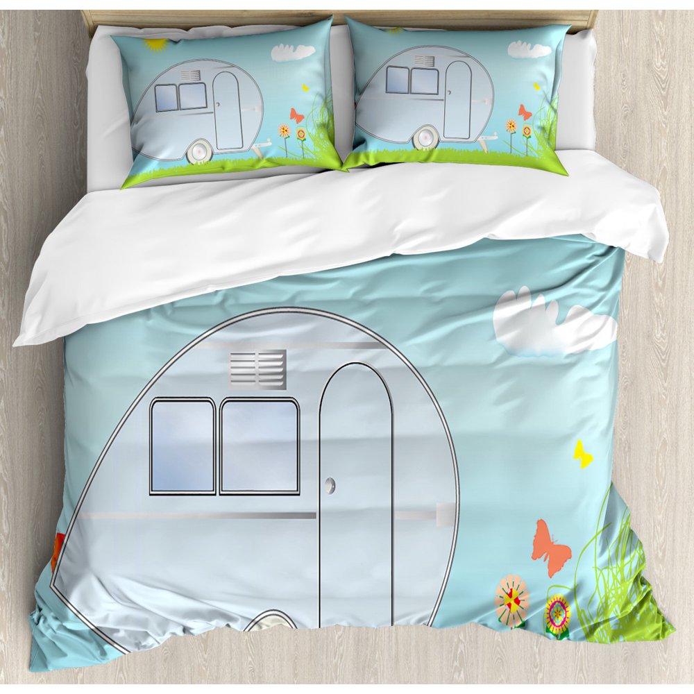 Camper King Size Duvet Cover Set, Summer Vacation Trailer Butterflies