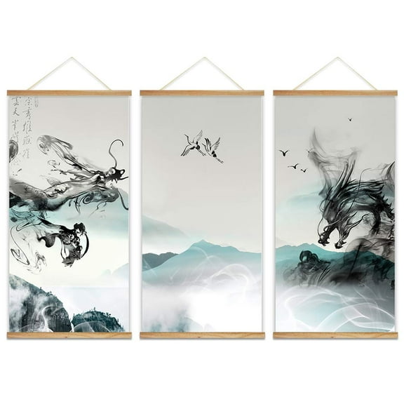wall26 - 3 Panel Hanging Poster with Wood Frames - Ink Painting Style Chinese Dragon - Ready to Hang Decorative Wall Art - 18"x36" x 3 Panels
