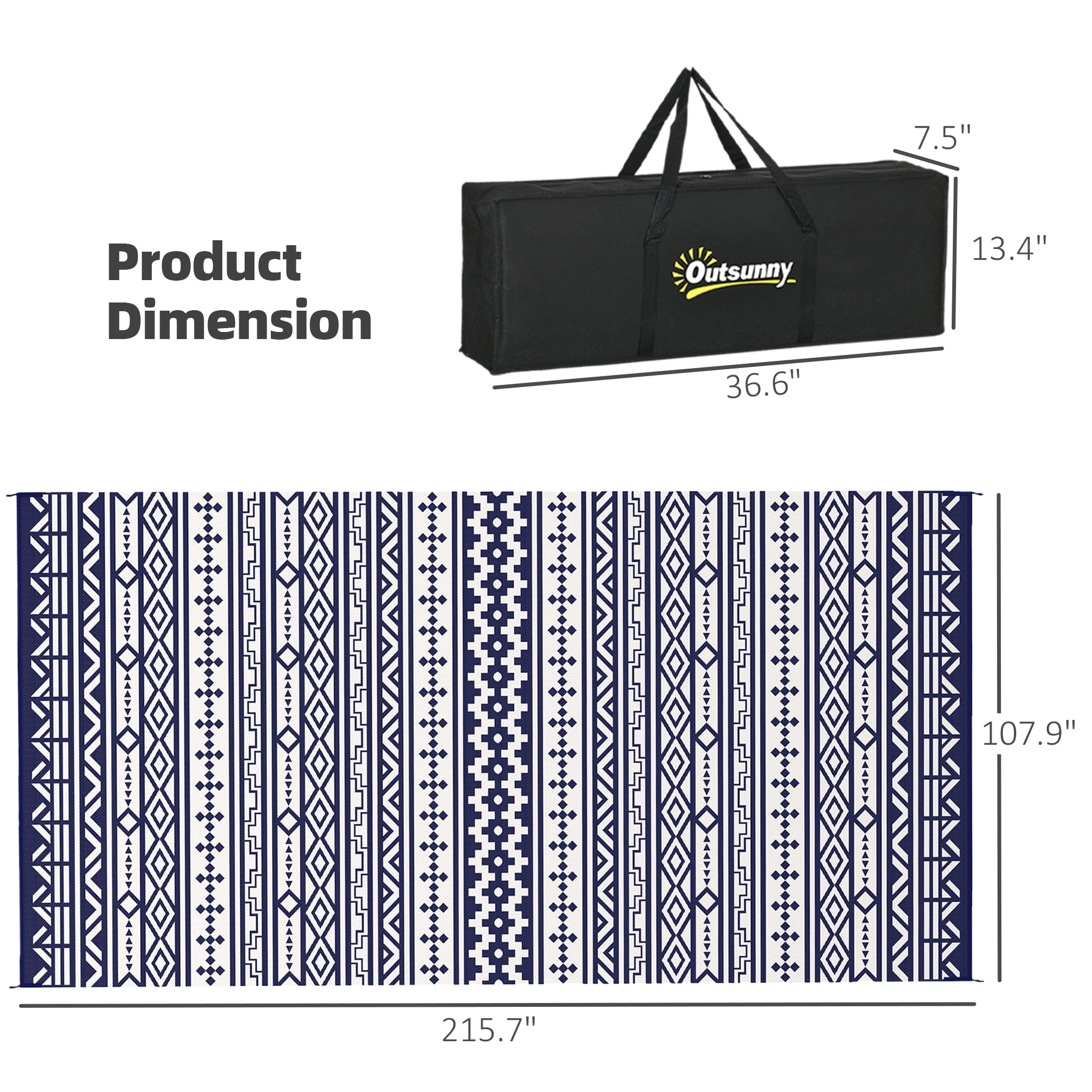 Outsunny Outdoor Patio Rug, Large Camping Carpet with Carrying Bag, 9' x 18' Waterproof Plastic Straw, Reversible, Blue & White Geometric Wall