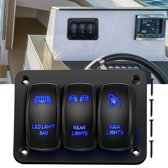 Waywe 3 Gang Rocker Switch Panel Aluminum 5 Pin ON Off Toggle Switch Panel LED Light Bar Switch SPST 12V 24V Blue Switches for Marine Boats Cars ATVs UTVs