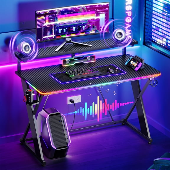 RSPGAME 43" Music Sync LED Gaming Desk,X-Shape Ergonomic Monitor Stand Gamer Table,PC Desk with Dynamic Lighting,Color Changing Office Desks,Black Racing