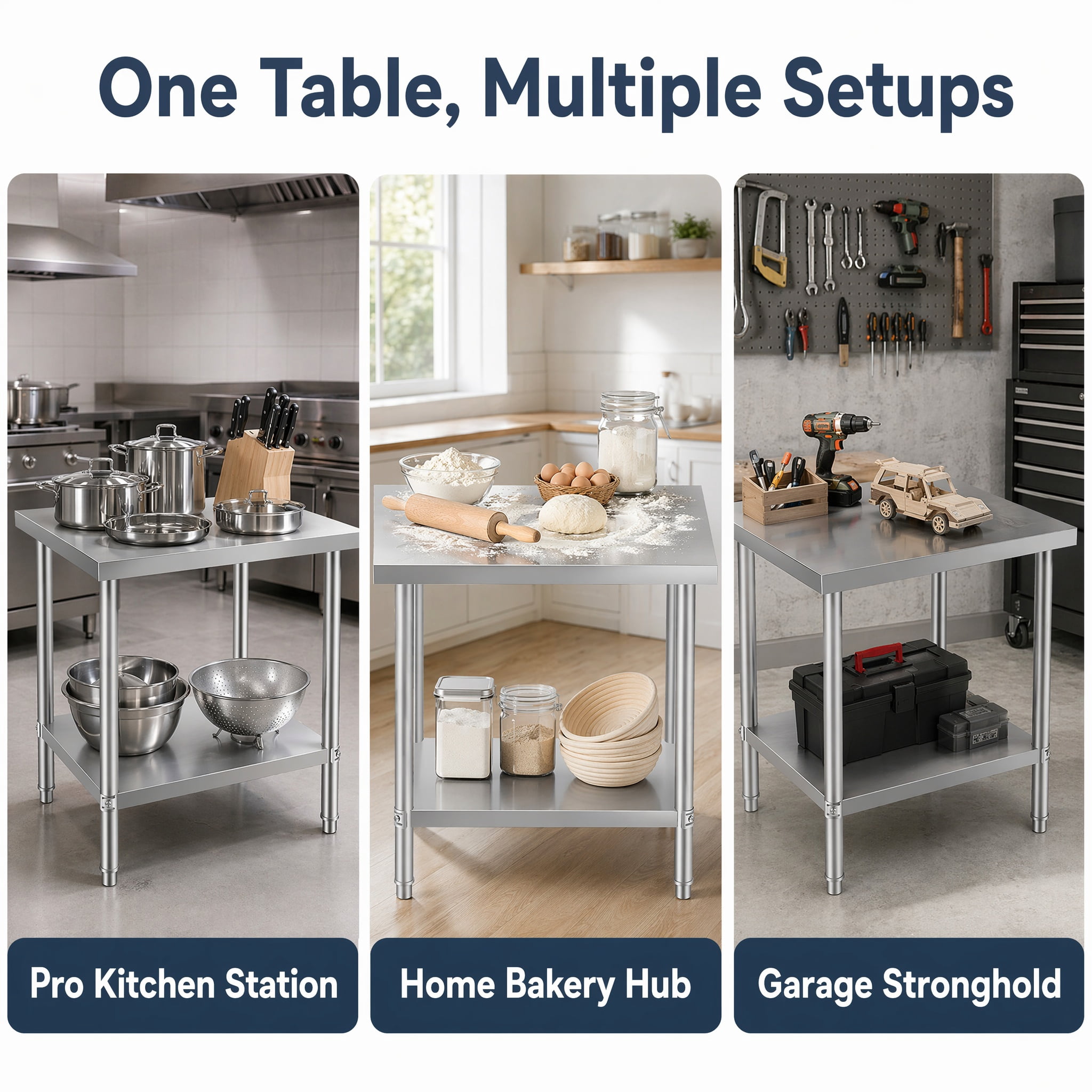 GARITIN 24 x 24 Inch Commercial Work Table, Stainless Steel Kitchen Prep Table with Under Shelf for Restaurant & Home, Silver