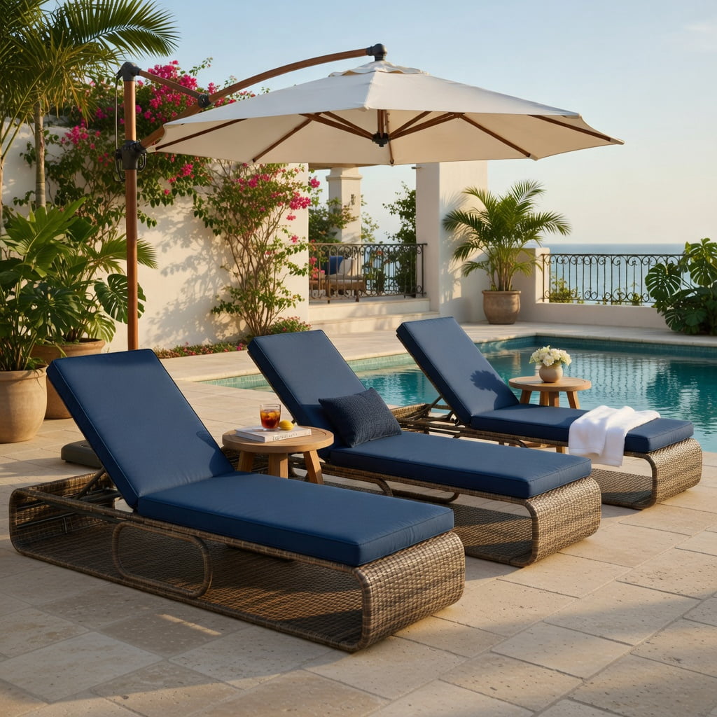 Hommoo 7-Position Adjustable PE Rattan Outdoor Chaise Lounge Chair with Removable Cushions, Heavy-Duty Metal Frame, Poolside & Patio Ready, Navy