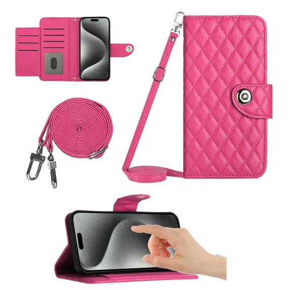 for iPhone 16 Wallet Case, Elegant Card Holder Cash Slot PU Leather Kickstand Shoulder Strap Shockproof Protective Flip Women Girls Case Cover for iPhone 16, Rose