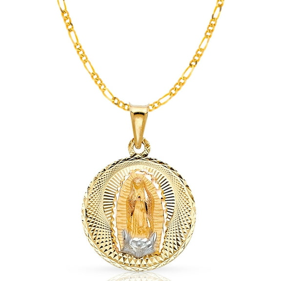 14K Tri Color Gold Diamond Cut Our Lady of Guadalupe Stamp Charm Pendant with 2.3mm Figaro 3 1 Chain Necklace