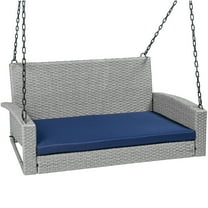 Best Choice Products Woven Wicker Hanging Porch Swing Bench for Patio, Deck w/ Mounting Chains, Seat Cushion - Gray/Navy