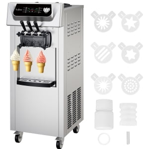 TEQIN Commercial Ice Cream Maker Machine, Soft Serve Ice Cream Machine with 2 x 7L Hoppers, 3 Flavors Ice Cream Machine, LCD Panel,Auto Clean Pre-cooling for Restaurant Snack Bar