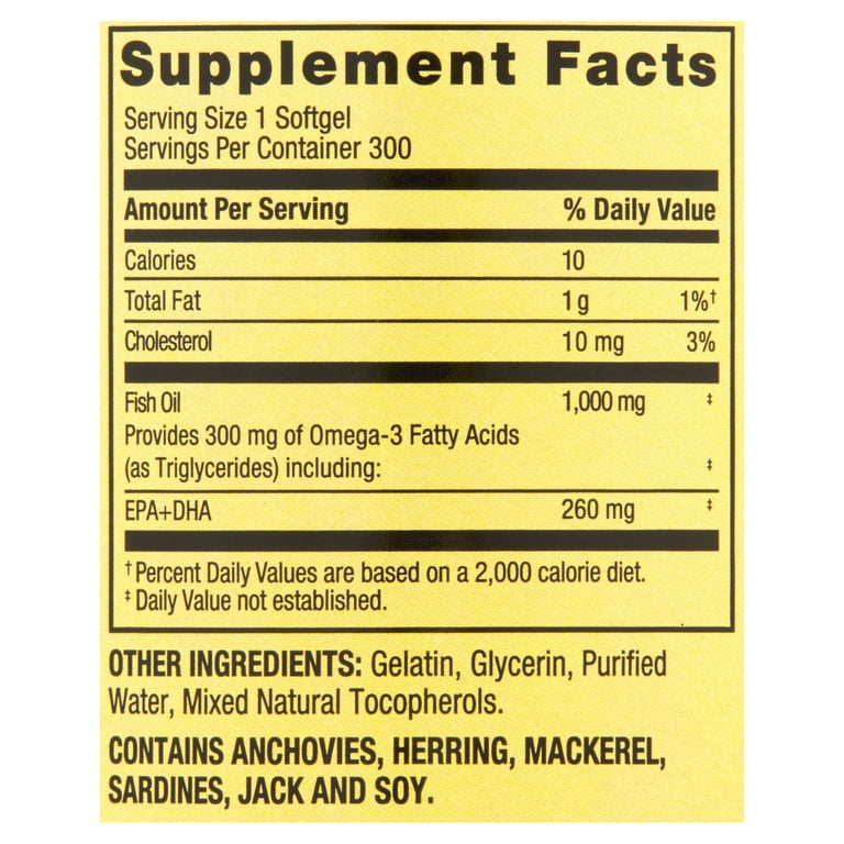 Spring Valley Omega-3 Fish Oil Heart Health Dietary Supplement Softgels,  1000 mg, 300 Count 