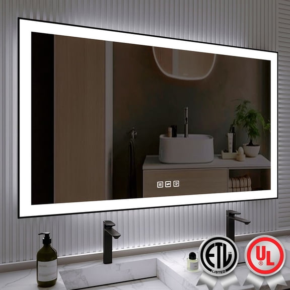 60x36 Inch Rectangular Framed LED Anti-Fog Wall Bathroom Vanity Mirror in Black with Backlit and Front Light