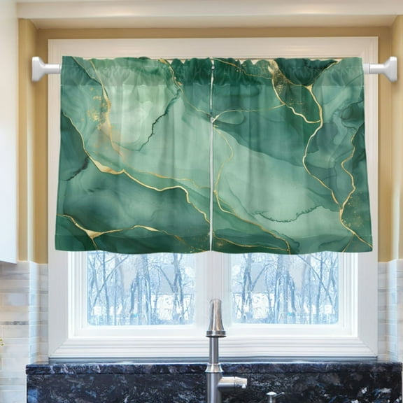 Ryvnso Marble Green Half Curtains Sets Tier 2 Panels Short Curtain Rod Pocket 27"W x 24"L