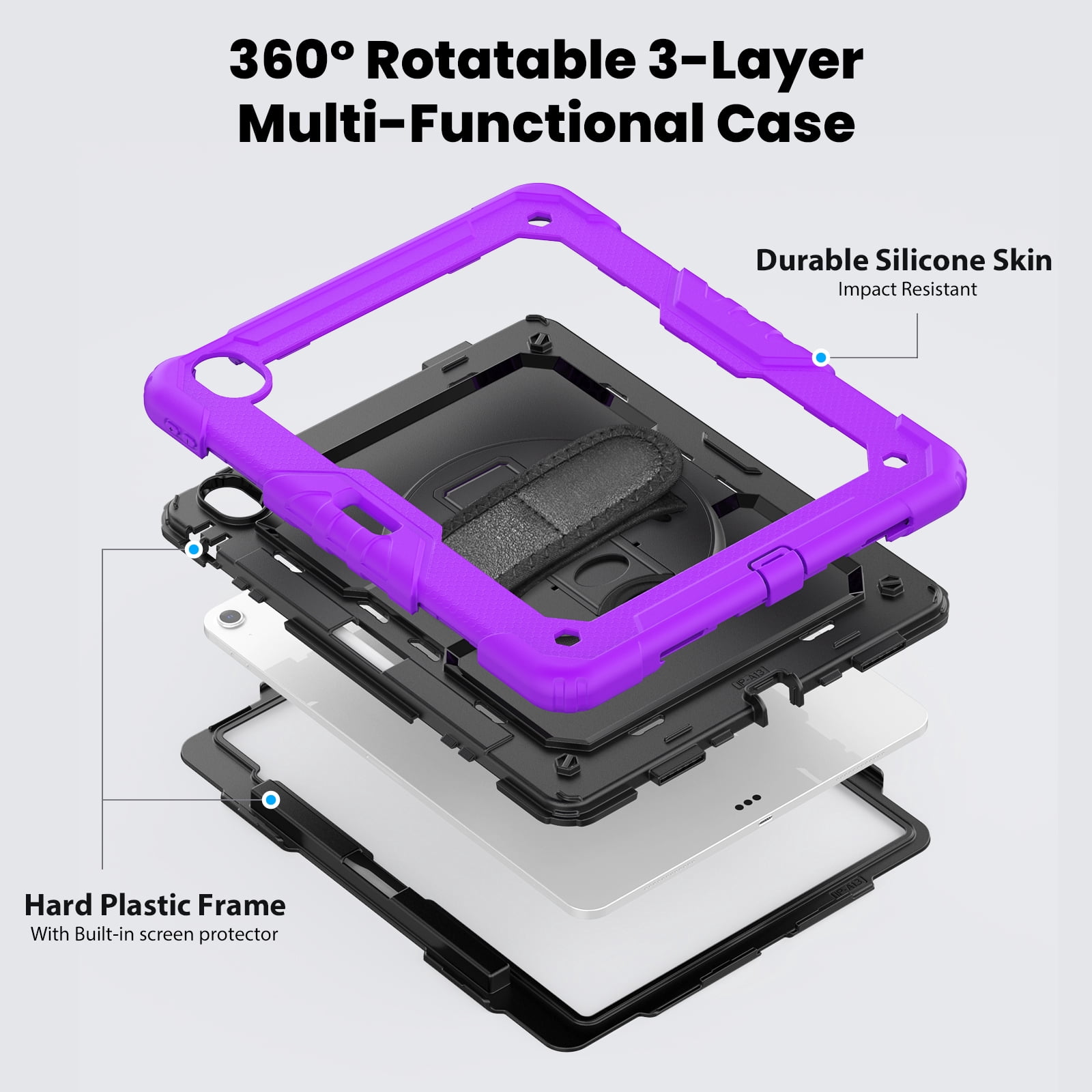 Allytechgroup iPad Air 13 2024 Case with Screen Protector / Shoulder Strap/ Pencil Holder, Heavy Duty Shockproof Rugged Handle Kickstand Bumper Case Cover for Apple iPad Air 13 Inch 2024 M2,Purple