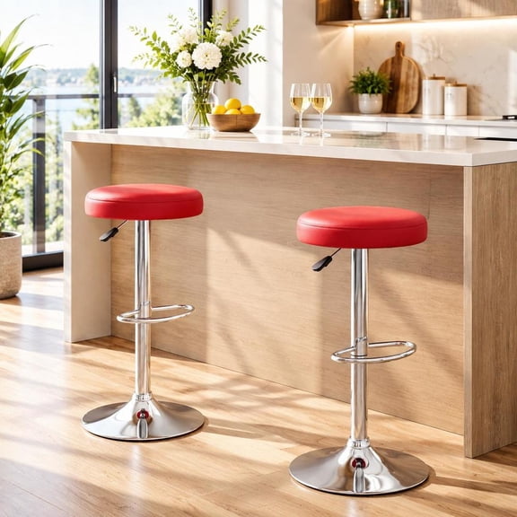 Modern Height Adjustable 360 Swivel Bar Stool, Backless PU Leather Counter Stool with Footrest for Kitchen and Dining, Red