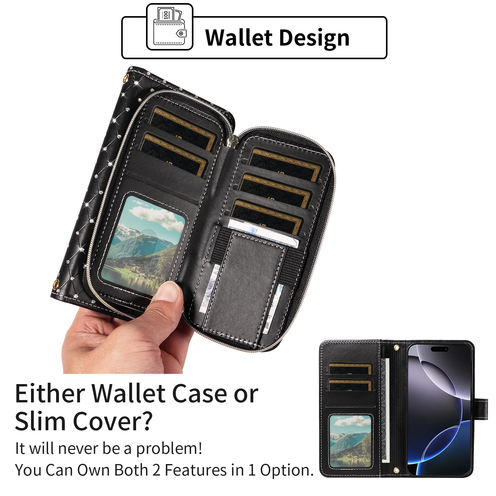 Compatible with iPhone 16 Pro Max 6.9 inch Wallet Phone Case Tempered Glass Screen Protector Bling Glitter Crossbody Lanyard Strap Flip Zipper Purse Card Holder Cell Cover for iP 16 i16PM Women Black