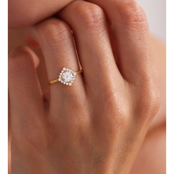 vylahjewellery 14K Vermeil Yellow Gold Valentine's Day Special Ring Brilliant Round Cut Diamond Wedding Anniversary Ring Classic Halo Comfort Fit Moissanite Engagement Gift for Women