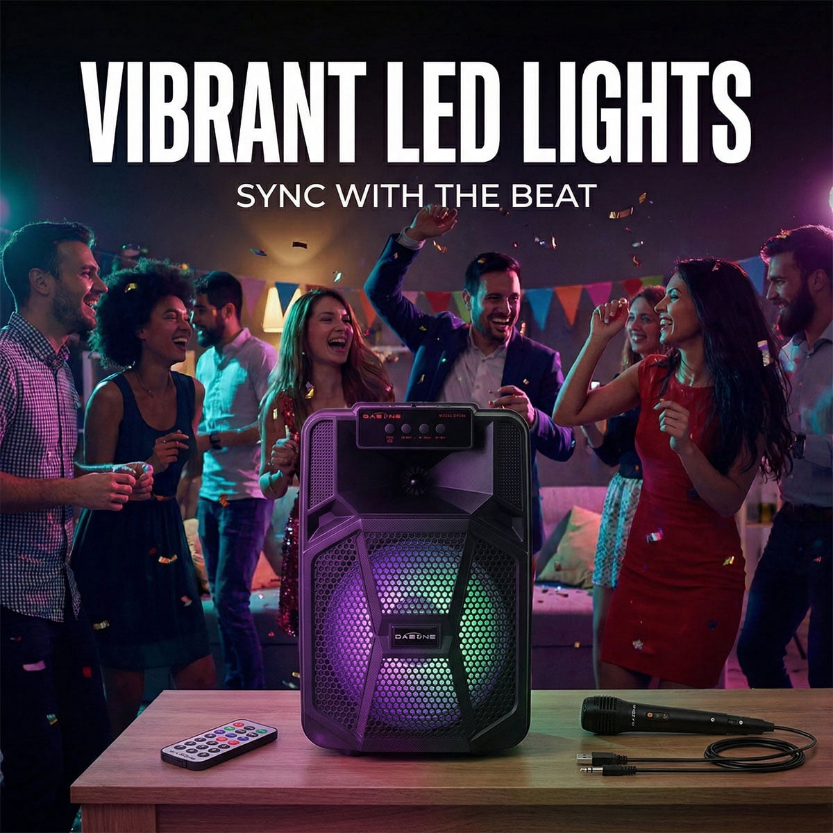 RIDWIND 1000W TWS Portable Bluetooth Speaker With 8 inch Woofer & 1.5 inch Tweeter Heavy Bass Sound System & Wired Microphone Party Lights