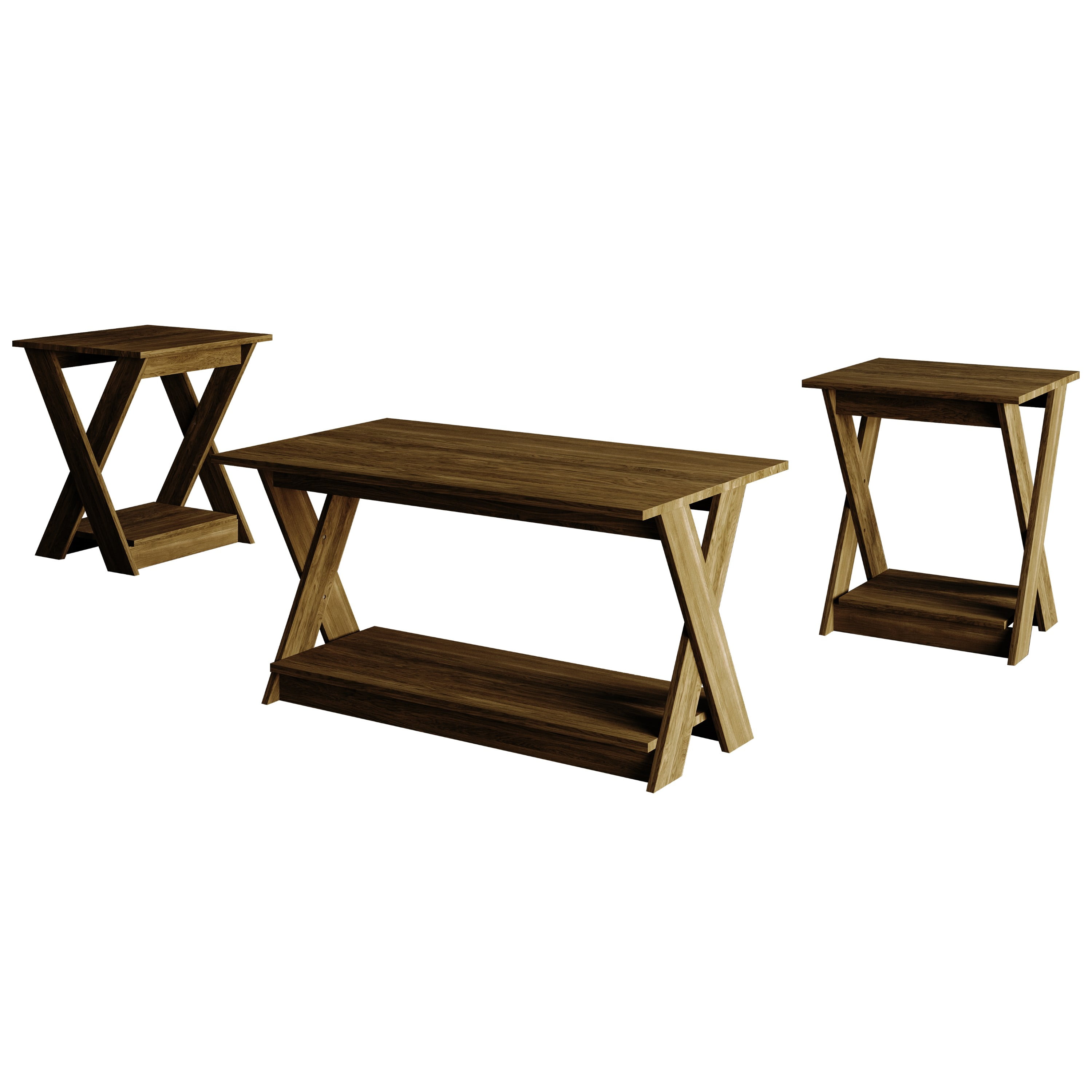 Home Design Emporia 3-Piece Coffee Set with Crossed-Leg Design and Lower Shelf, Wide Plank, Brown, Modern Living Room