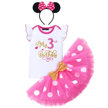 

IBTOM CASTLE Toddler Baby Girls 1st 2nd 3rd Birthday Outfit Romper Top + Polka Dots Tutu Skirt + Headband Set Cake Smash Photo Shoot 3 Years Hot Pink-My Birthday