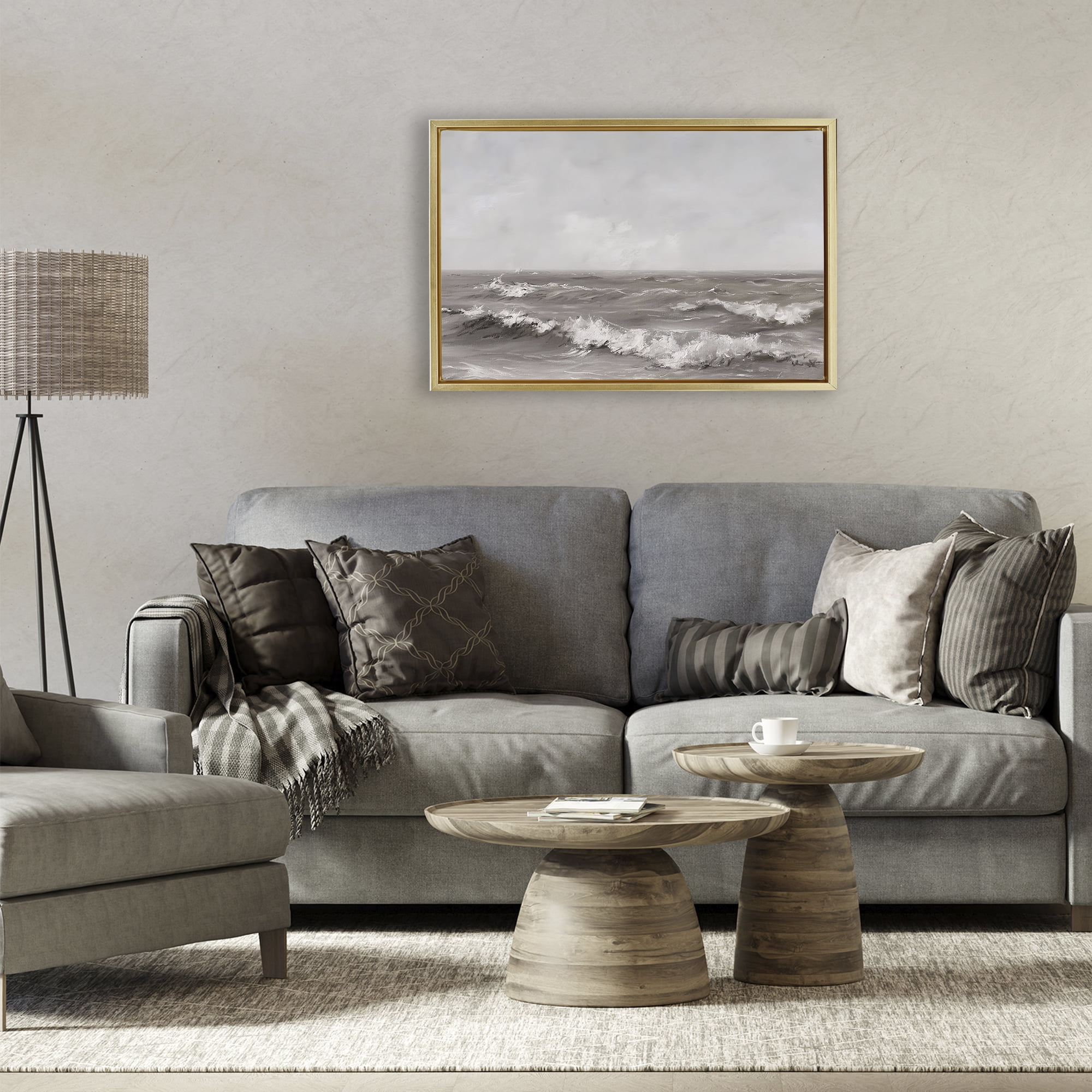 Stupell Industries Monochrome Sea Ripples Gold Framed Floater Canvas Wall Art, design by Jacky Ngan