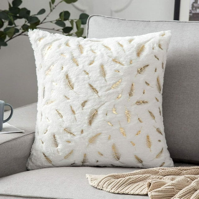 Xiao Hua Funda de cojín de piel sintética con hojas doradas, súper suave y cuadrada (blanca, 45 x 45 cm)
