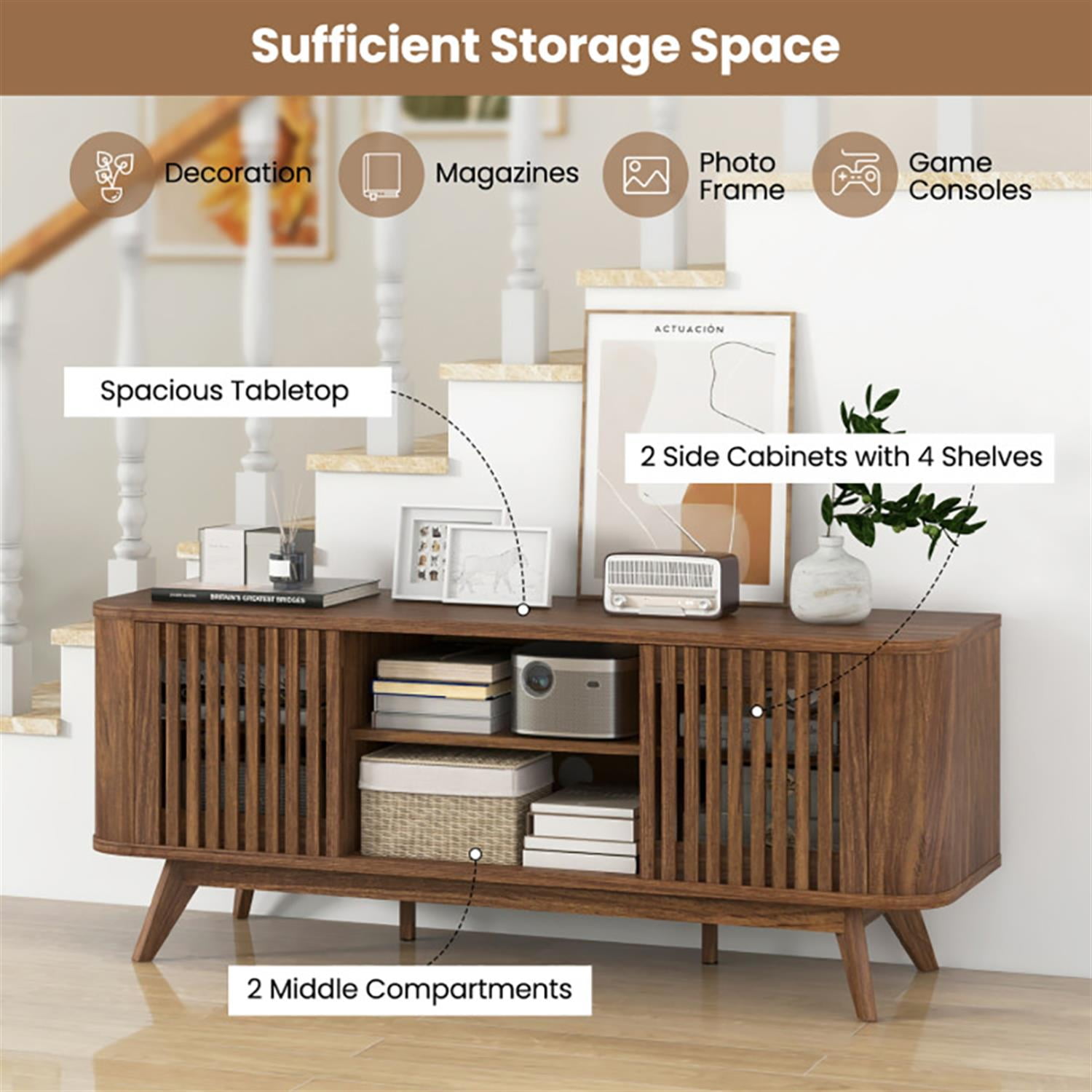 Demi Bonn 2-Door TV Stand for 60" TVs, Entertainment Center with Adjustable Shelves, Modern Media TV Console Table for Living Room Bedroom, Brown