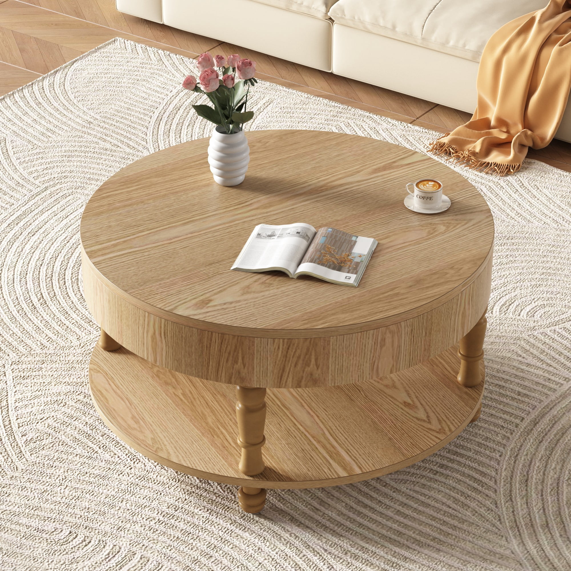 Round Coffee Table with Storage, 31.5" Modern Coffee Table with Hidden Compartment and Shelf, Wood Living Room Center Table, Natural