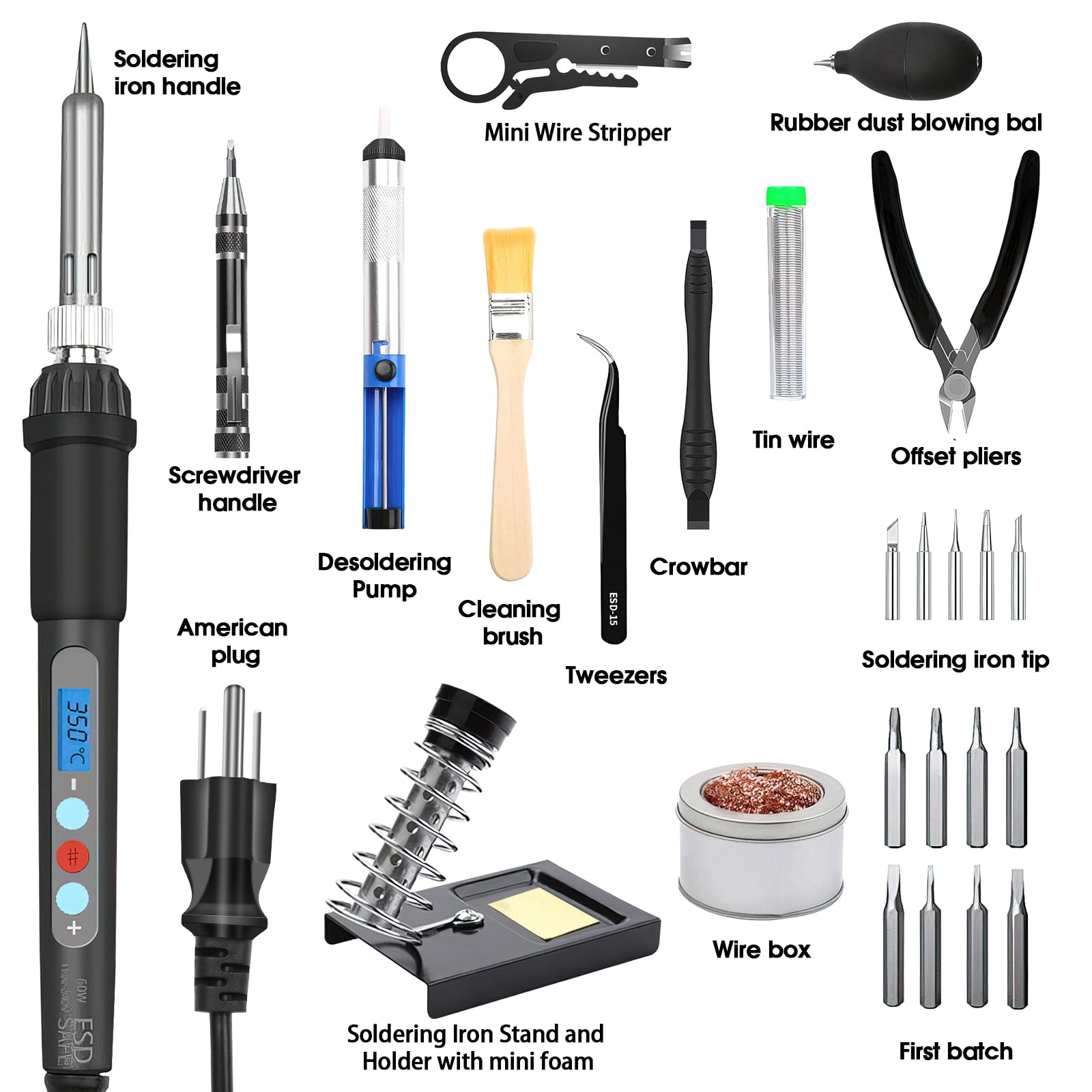 Kingsdun Soldering Iron Kit, 60W LCD Digital Soldering Gun with Adjustable Temperature Controlled and Fast Heating Ceramic Thermostatic Design ON-Off Switch 15pcs Welding Tool