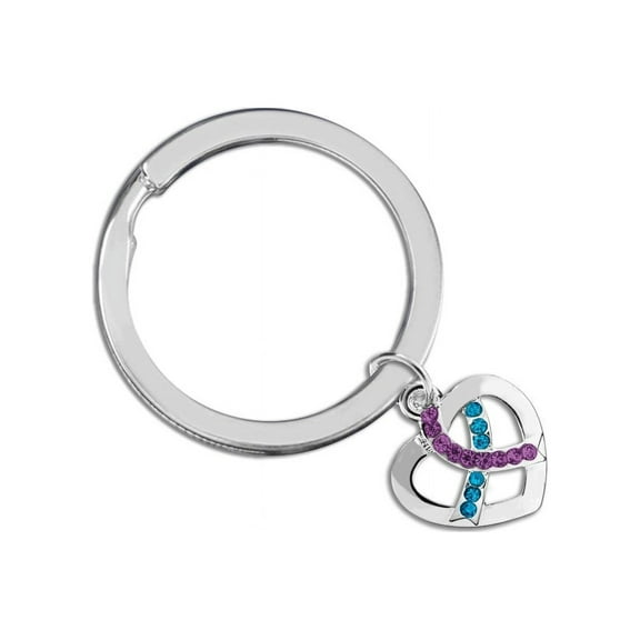 Crystal Teal & Purple Ribbon Silver Split Ring Key Chains