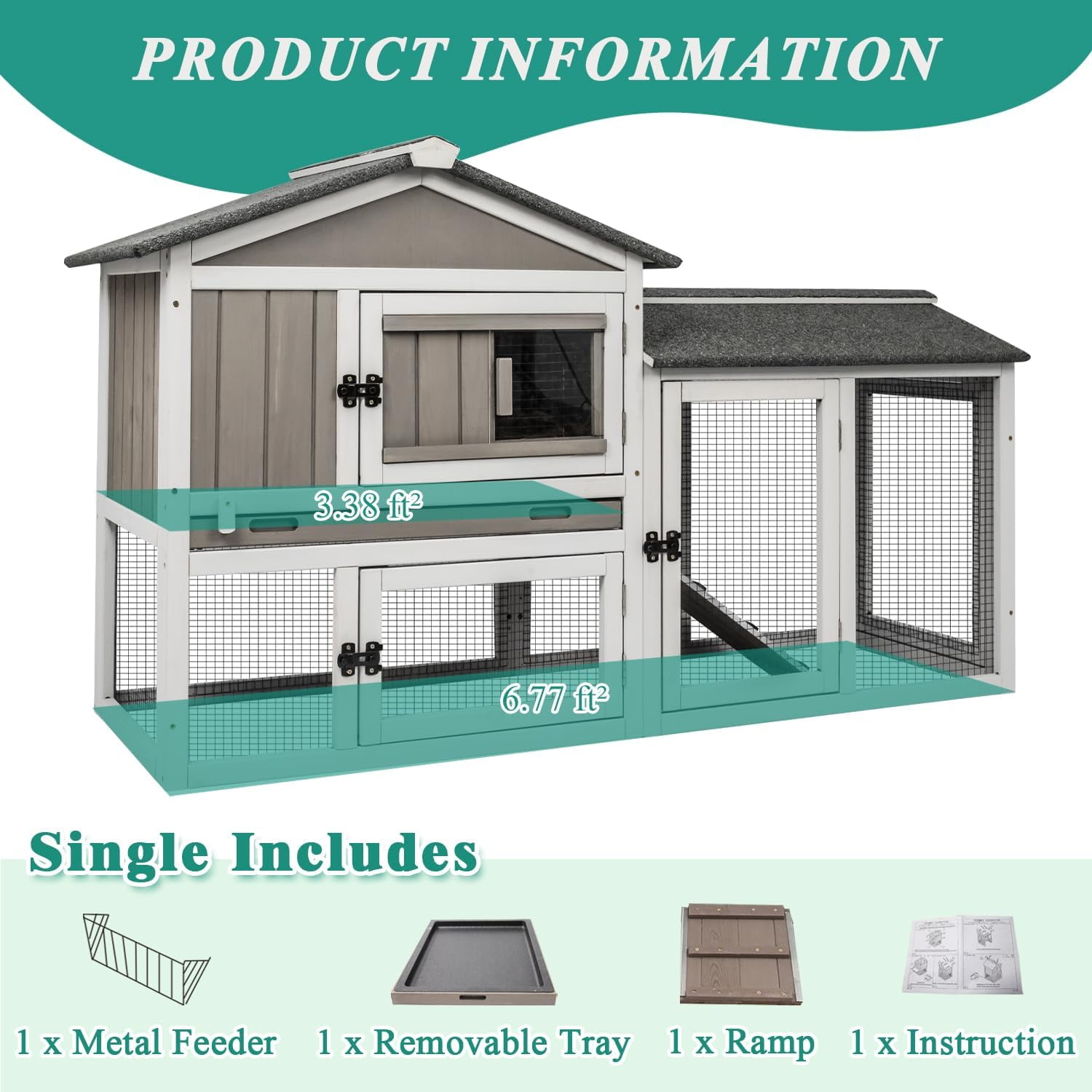 Rabbit Hutch Indoor Bunny Cage Outdoor Bunny Hutch with Pull Out Tray, Wooden Large Rabbit Cage with Run Weatherproof Roof, Guinea Pig Hutch (Grey, 55.1" L x 17.7" W x 33.4" H)