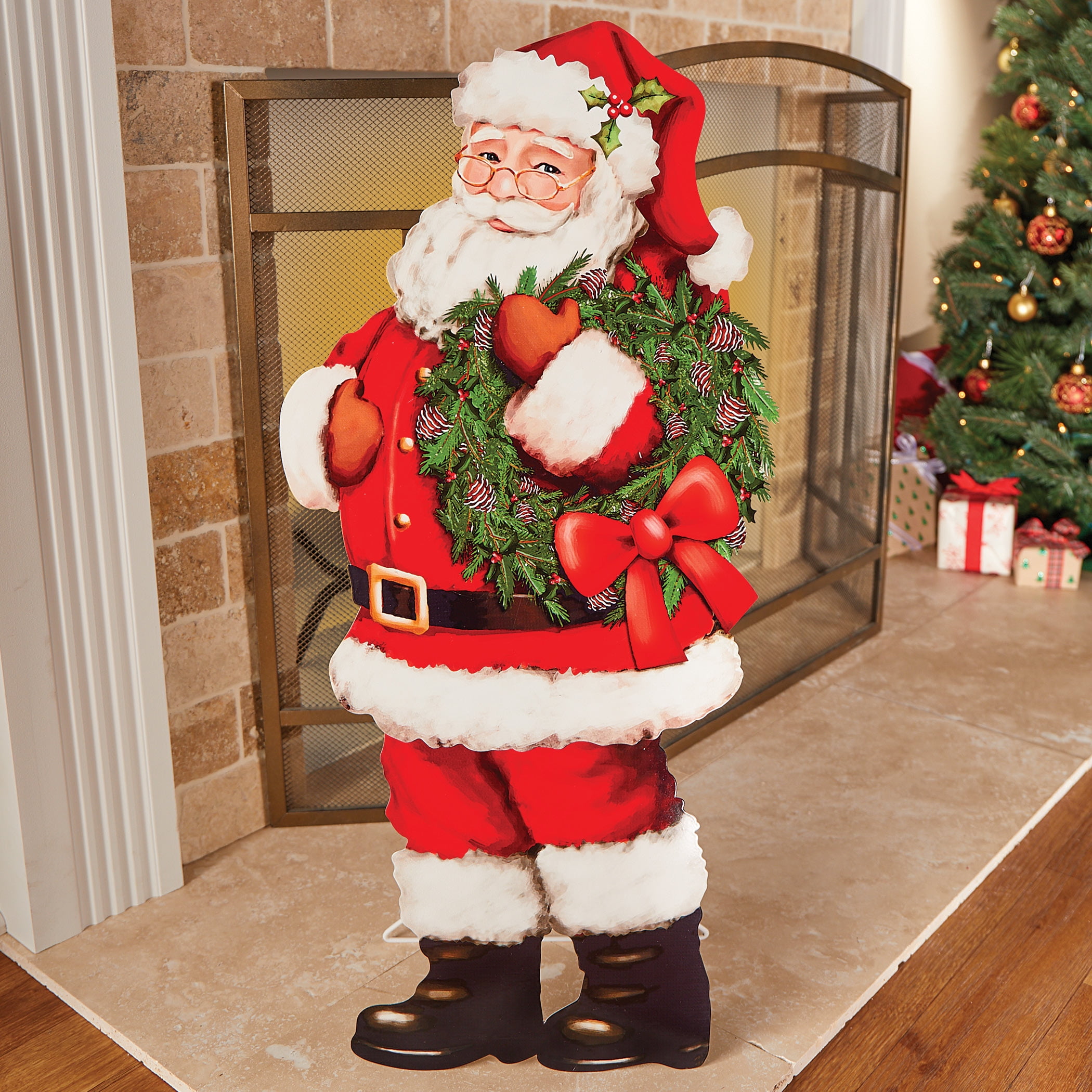 Claus evergreen Collections Etc Decorative Standing Santa Claus and Evergreen Wreath