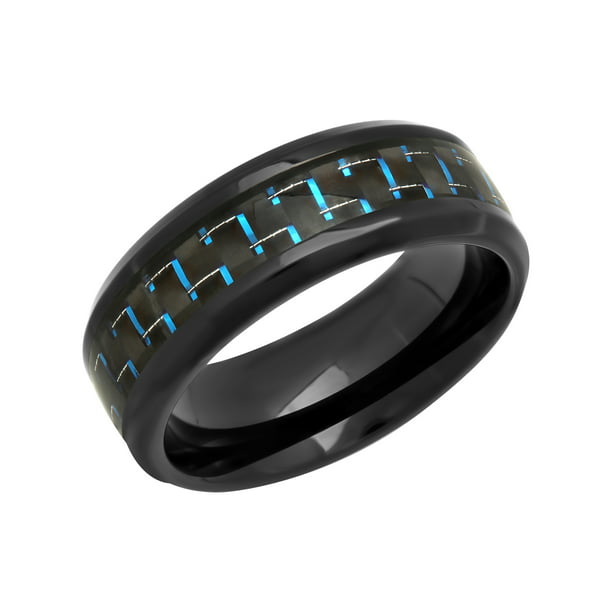Mens Stainless Steel Black and Blue Carbon Fiber Wedding Band