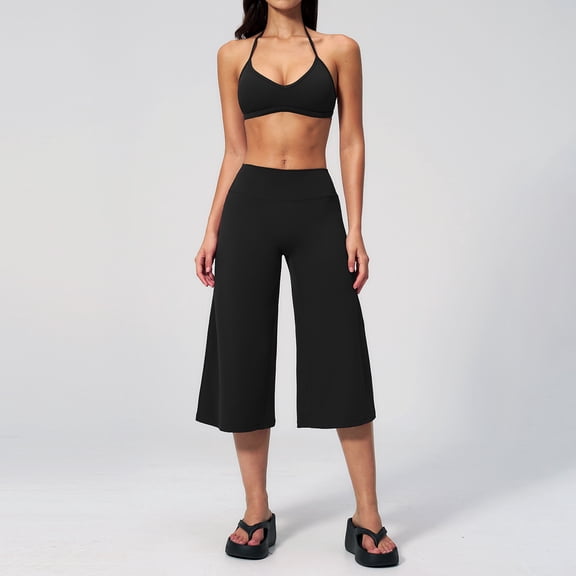 PISONIC Womens Workout Sets Two Piece Spaghetti Straps Sports Bra Matching Wide Leg Capri Pants Gym Work Pilates Outfits