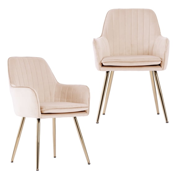 Beige Velvet Dining Chairs (Set of 2), Modern Mid-Back Accent Chairs with Gold Plated Legs, Upholstered for Living Room