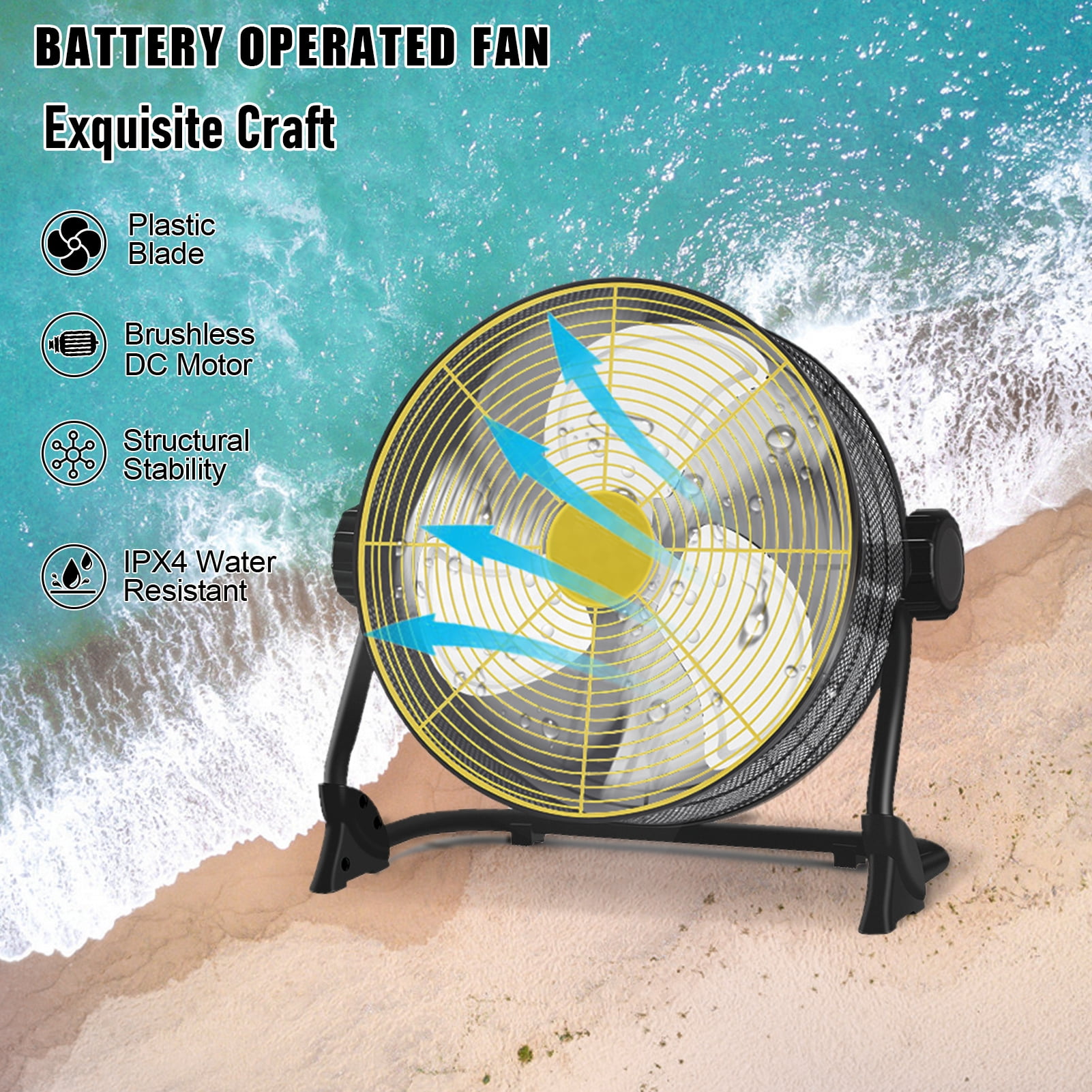 QuickGo 12-inch portable cordless metal blade High Speed Outdoor fan - industrial-style rechargeable floor fan for camping, travel, patio and indoors