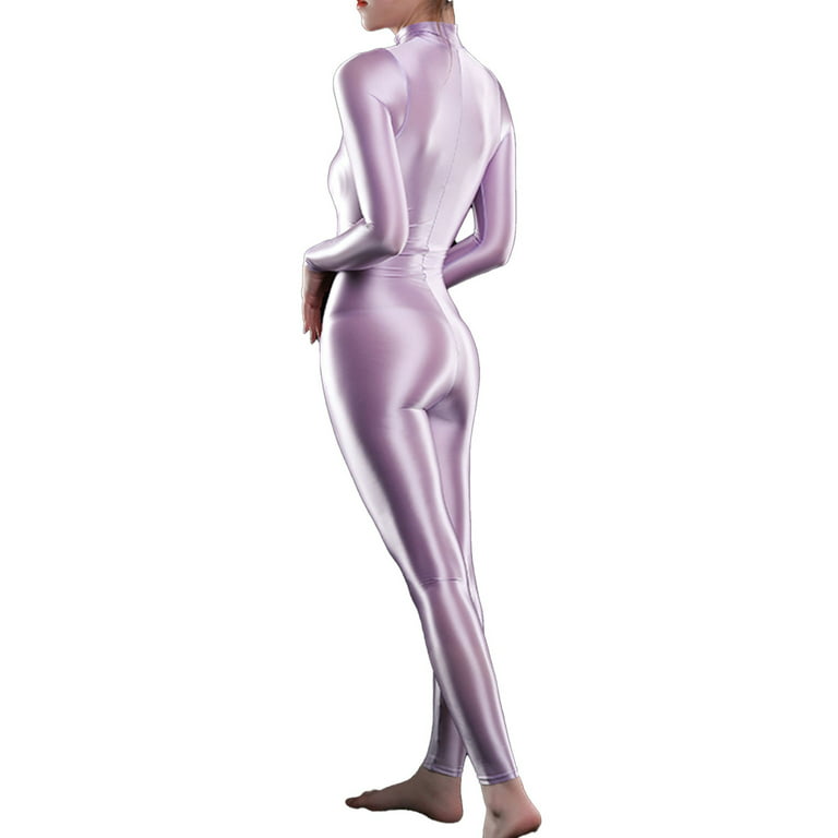Women's Long Sleeve Satin Shiny Jumpsuit 2-Way Zipper Bodysuit Catsuit  Clubwear