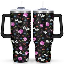40oz Pioneer Colorful Floral Stainless Steel Flip Straw Tumbler with Lid and Straw Spill Proof Travel Cup Double Wall Vacuum Insulated Coffee Mug with Handle Black