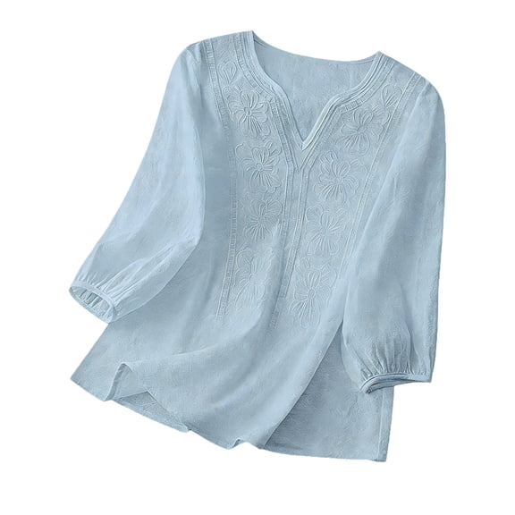 Lenpel Line Tops for Women Lantern 3/4 Length Sleeve V Neck Floral Embroidered Cotton T-Shirts Loose Tunic Blouses Dressy Casual Tees