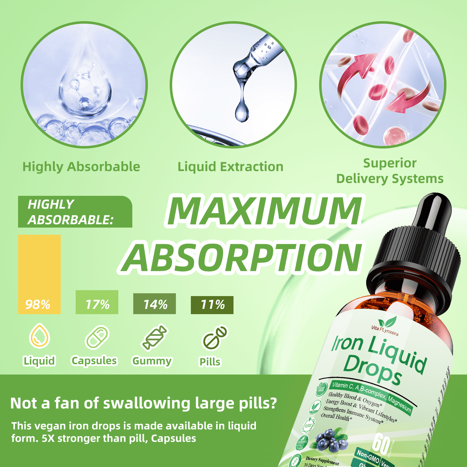 2 Pack Liquid Iron Supplement for Women Men & Kids, Vegan Iron Drops with Vitamin C D, B12, B-Complex, High Potency Liquid  with Multivitamin for Anemia, Energy Support, Magnesium  Gentle