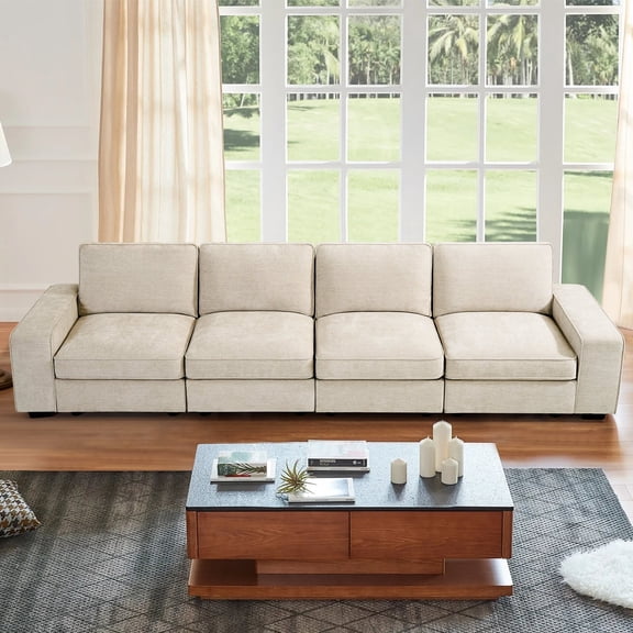128" Modular Sofa Couch with Seats Storage, Comfy 4-Seater Chenille Fabric Sofa for Living Room, Office, Apart W/Deep Seat, Wide Arms, Side Pockets, Upholstered Couch W/Removable Cover, Beige