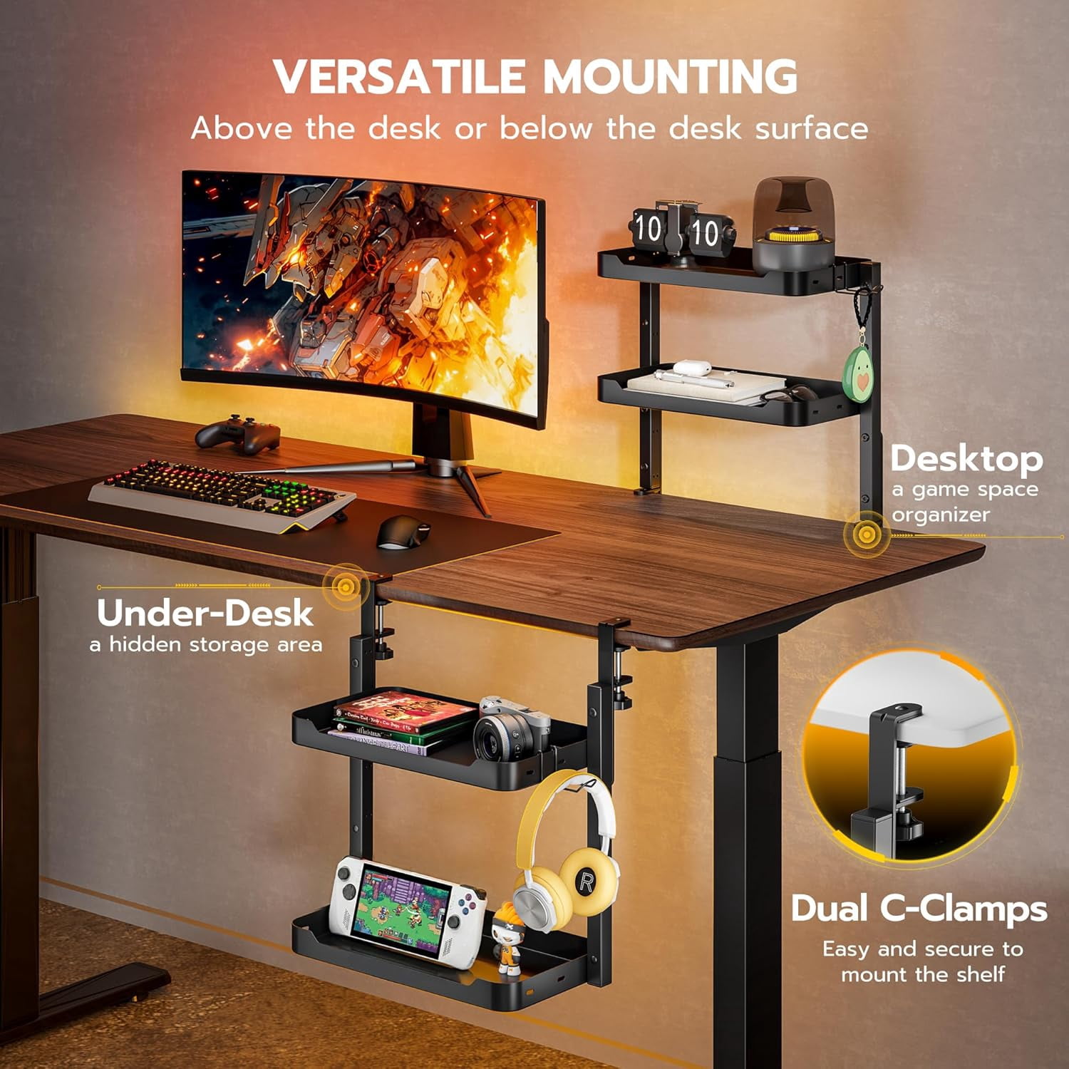 2-Tier Clamp On Desk Shelf, 16 inch Adjustable Above or Under Desk Storage Shelves Holds 66 lbs, Heavy Duty Desktop Organizer with Headphone Holder for Working and Gaming Accessories, Black