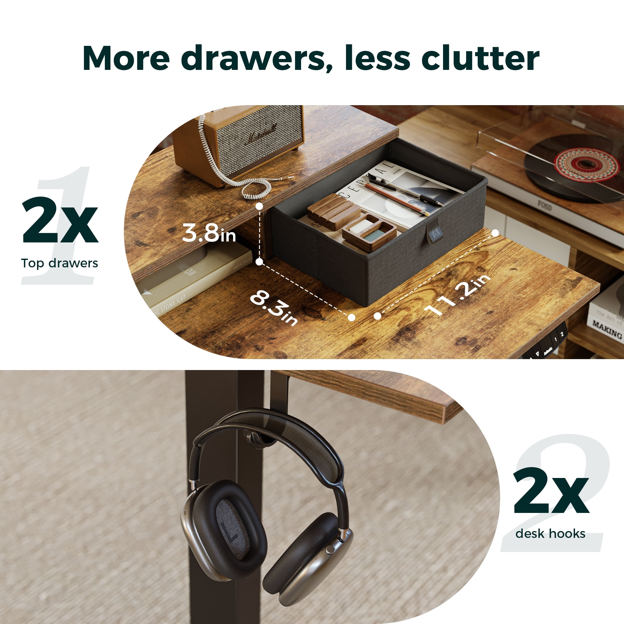 55.1 Inch Electric Standing Desk with 2 Drawers, Height Adjustable Desk with 2 Memory Keys, Ergonomic Sit-Stand Computer Desk with Hooks for Home Office, Rustic Brown